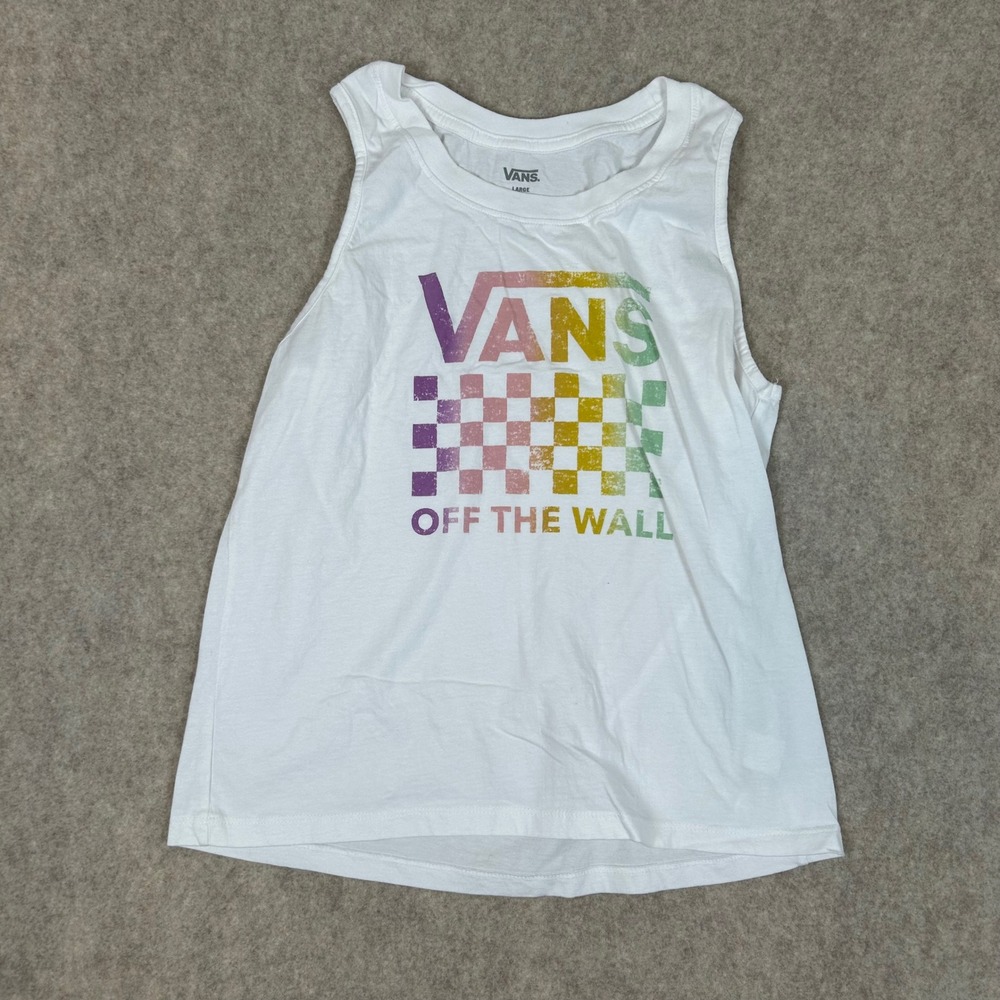 Vans Tank Top Womens Large White Rainbow Checkerboard Off The Wall Muscle Tee